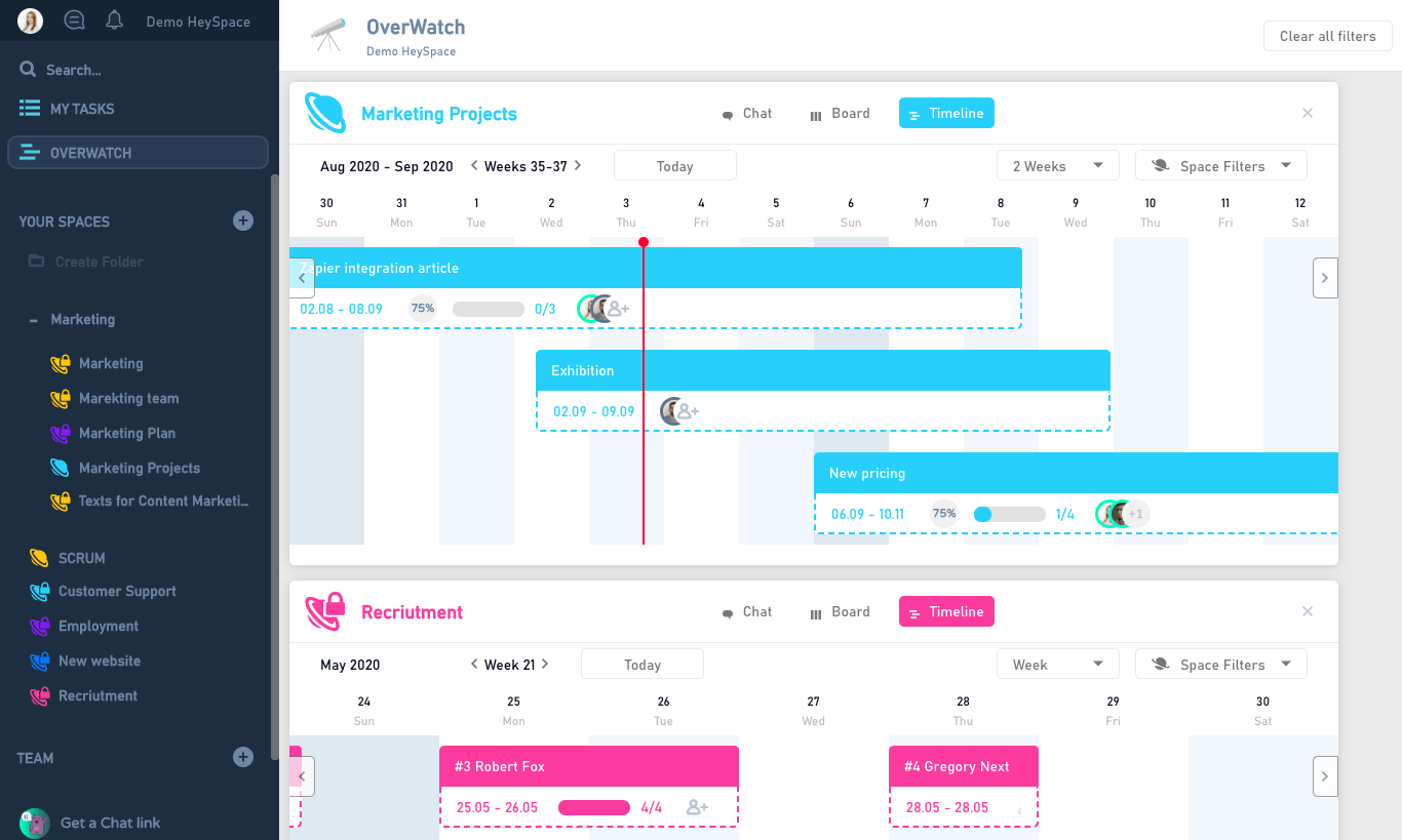 HeySpace task management panel